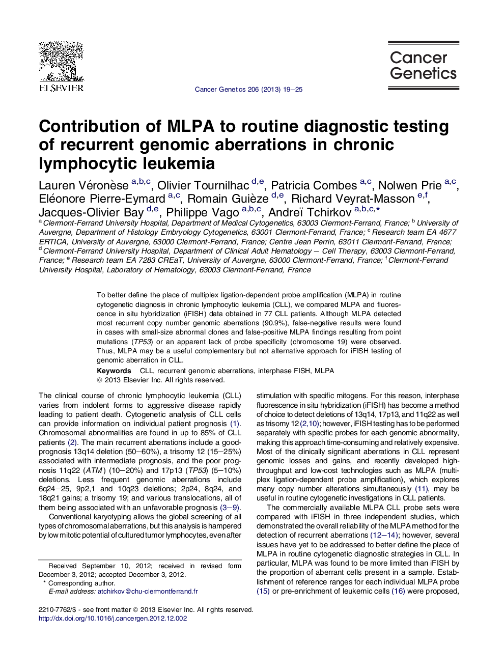 Contribution of MLPA to routine diagnostic testing of recurrent genomic aberrations in chronic lymphocytic leukemia