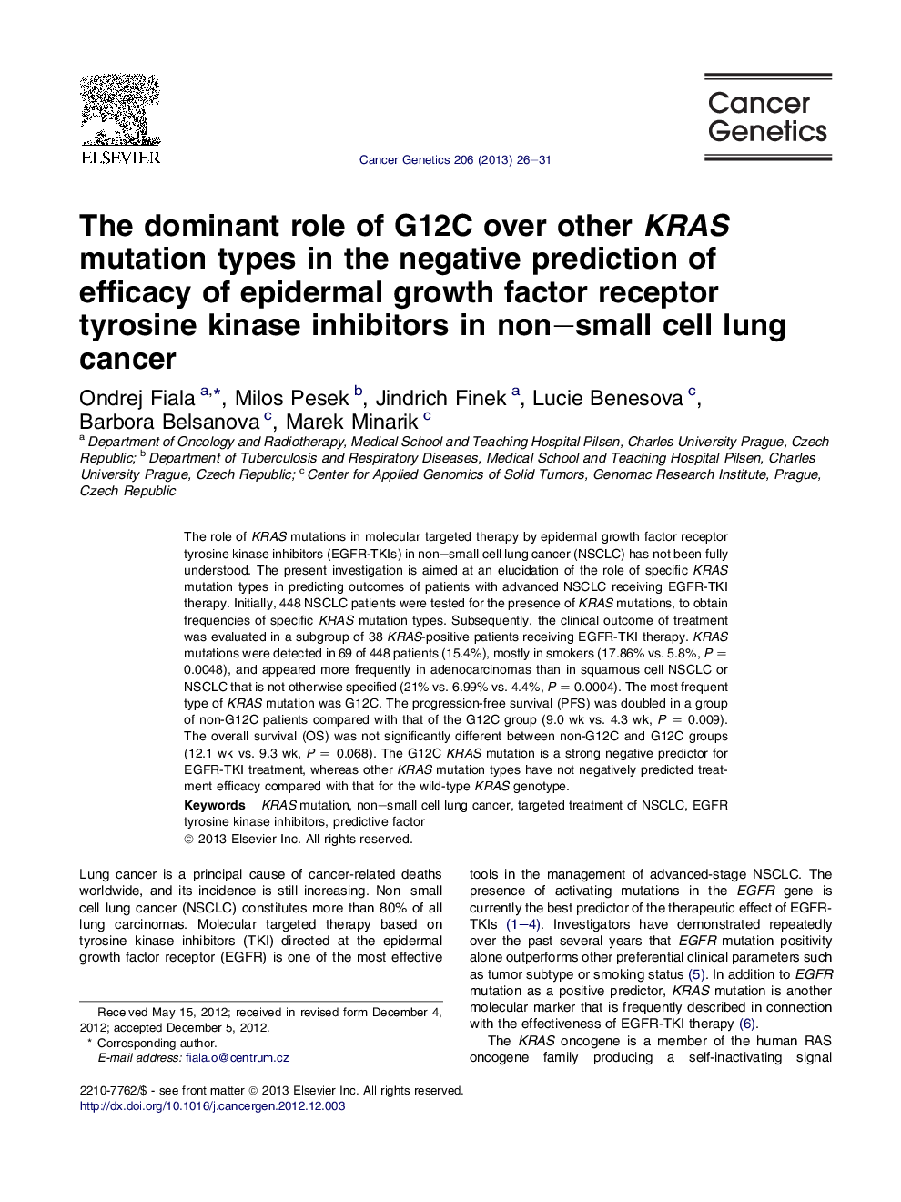 The dominant role of G12C over other KRAS mutation types in the negative prediction of efficacy of epidermal growth factor receptor tyrosine kinase inhibitors in non–small cell lung cancer