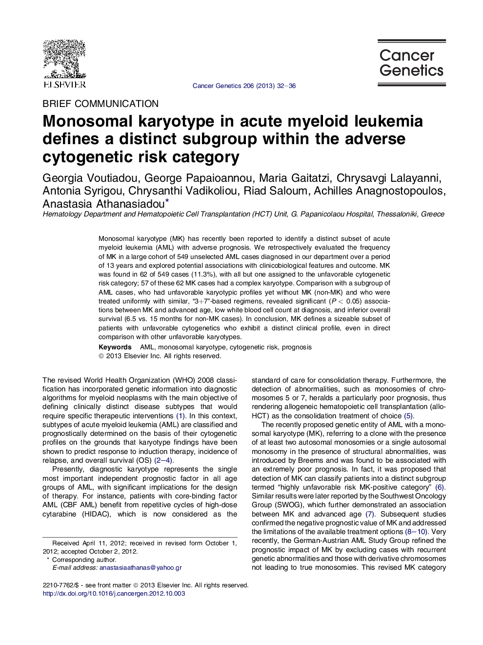 Monosomal karyotype in acute myeloid leukemia defines a distinct subgroup within the adverse cytogenetic risk category