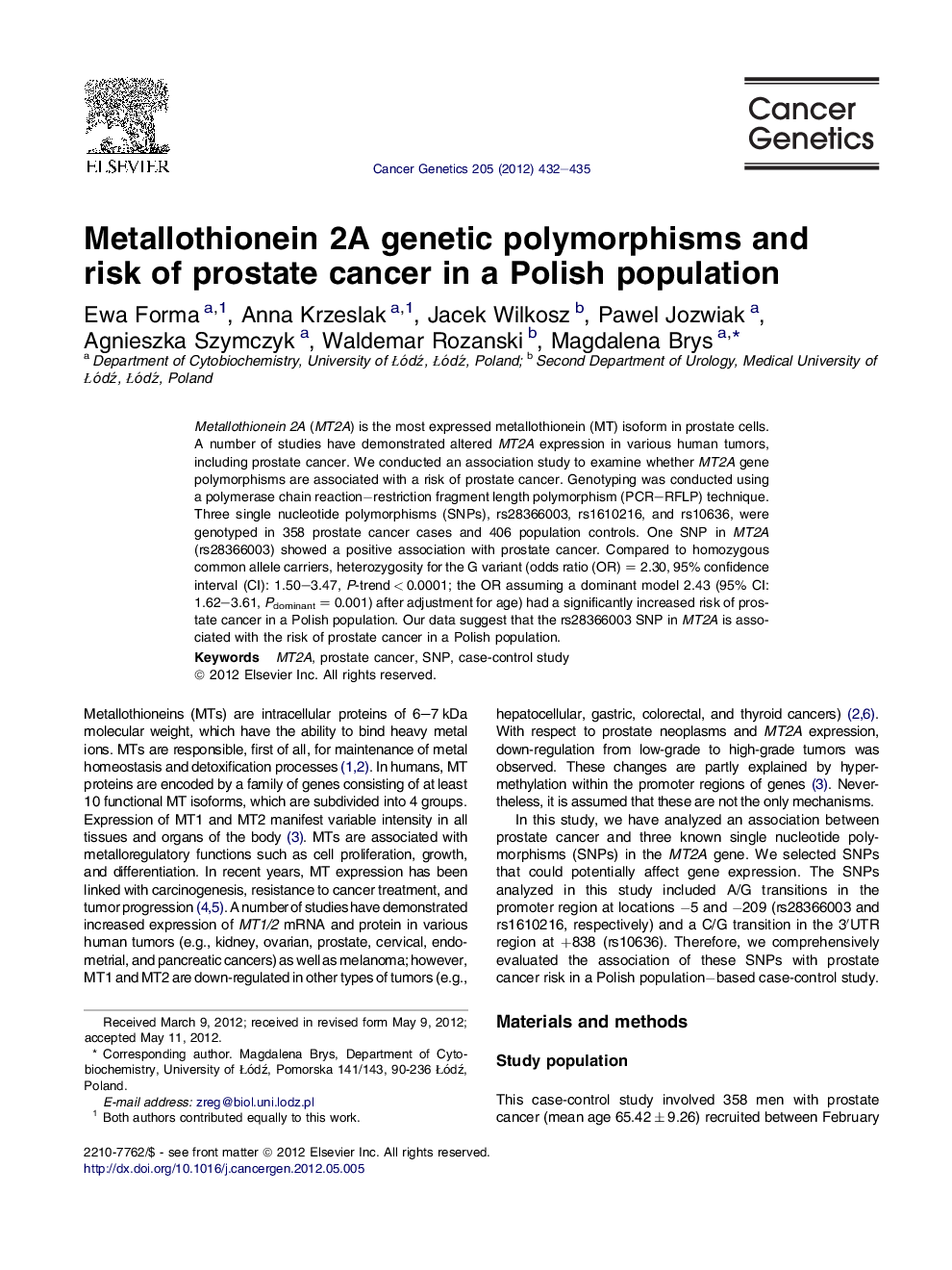 Metallothionein 2A genetic polymorphisms and risk of prostate cancer in a Polish population
