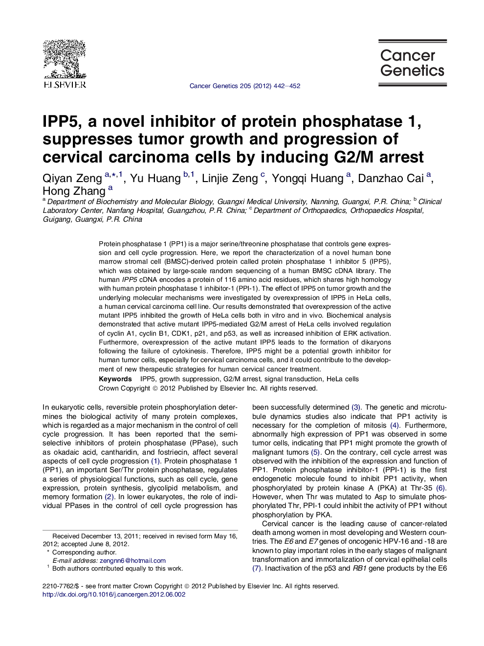 IPP5, a novel inhibitor of protein phosphatase 1, suppresses tumor growth and progression of cervical carcinoma cells by inducing G2/M arrest