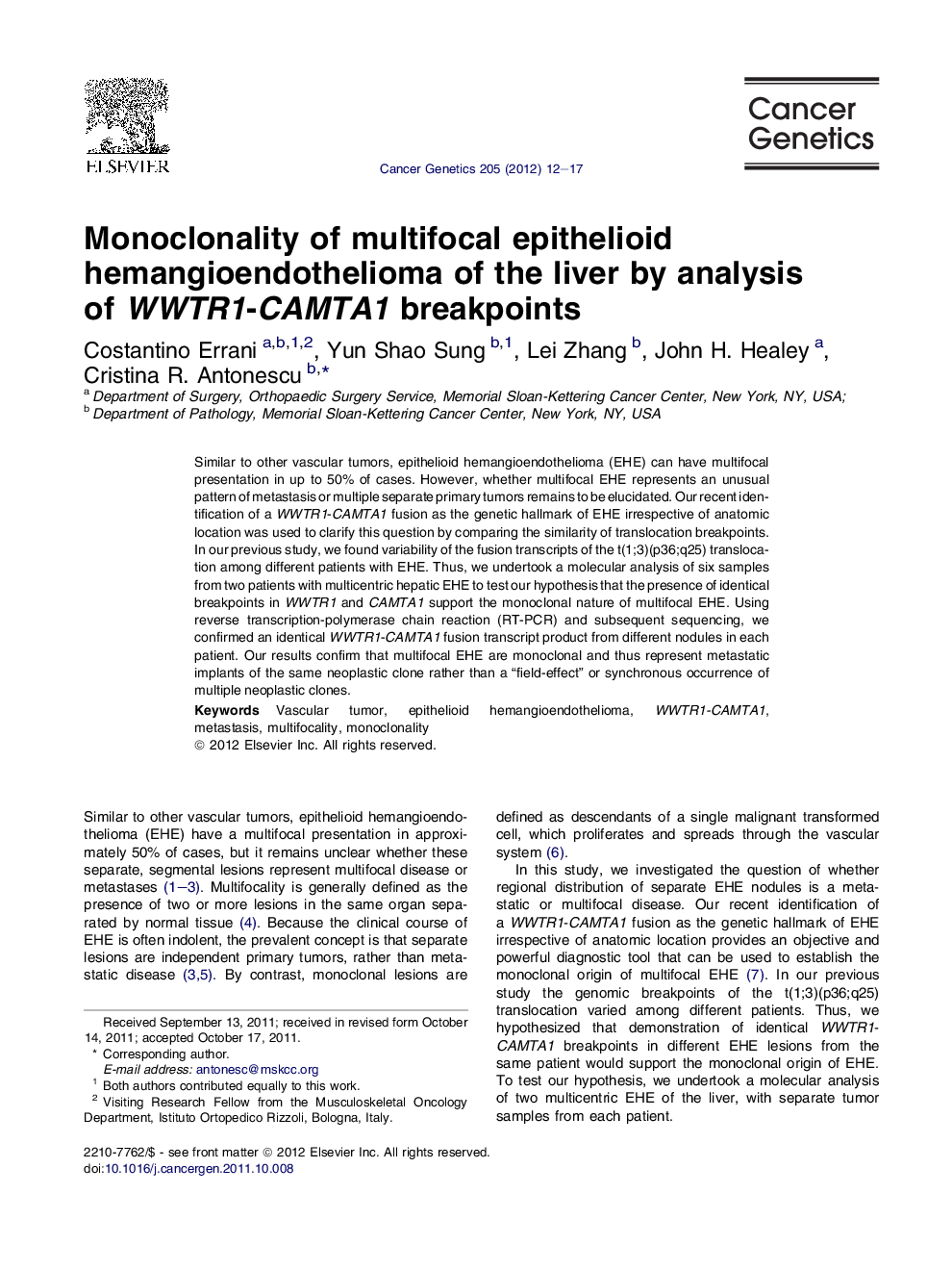 Monoclonality of multifocal epithelioid hemangioendothelioma of the liver by analysis of WWTR1-CAMTA1 breakpoints