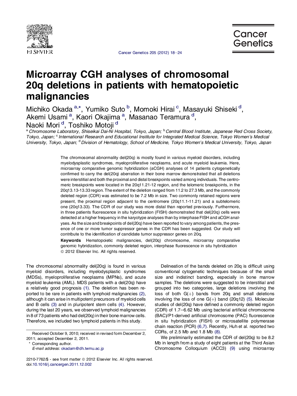 Microarray CGH analyses of chromosomal 20q deletions in patients with hematopoietic malignancies