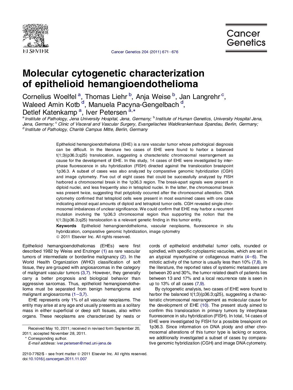 Molecular cytogenetic characterization of epithelioid hemangioendothelioma