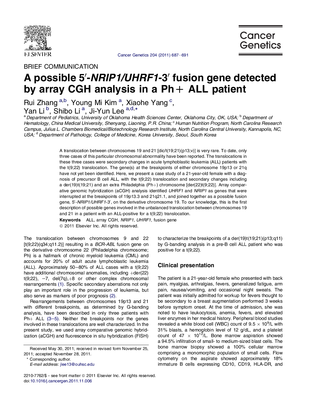 A possible 5′-NRIP1/UHRF1-3′ fusion gene detected by array CGH analysis in a Ph+ ALL patient