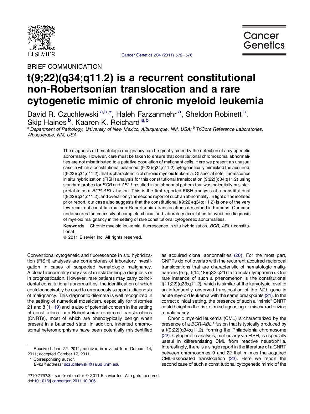 t(9;22)(q34;q11.2) is a recurrent constitutional non-Robertsonian translocation and a rare cytogenetic mimic of chronic myeloid leukemia