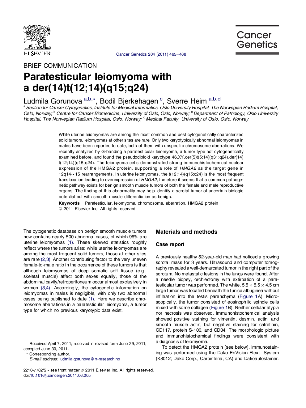 Paratesticular leiomyoma with a der(14)t(12;14)(q15;q24)