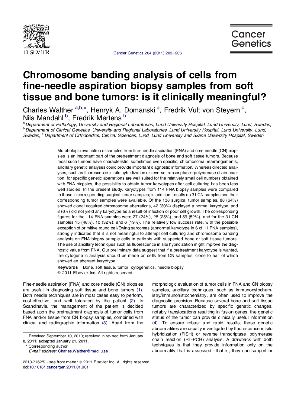 Chromosome banding analysis of cells from fine-needle aspiration biopsy samples from soft tissue and bone tumors: is it clinically meaningful?