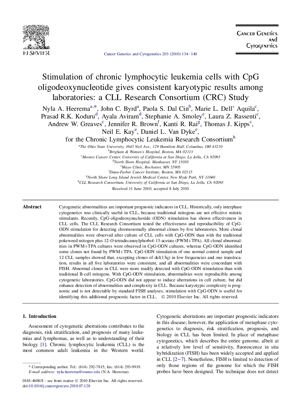 Stimulation of chronic lymphocytic leukemia cells with CpG oligodeoxynucleotide gives consistent karyotypic results among laboratories: a CLL Research Consortium (CRC) Study