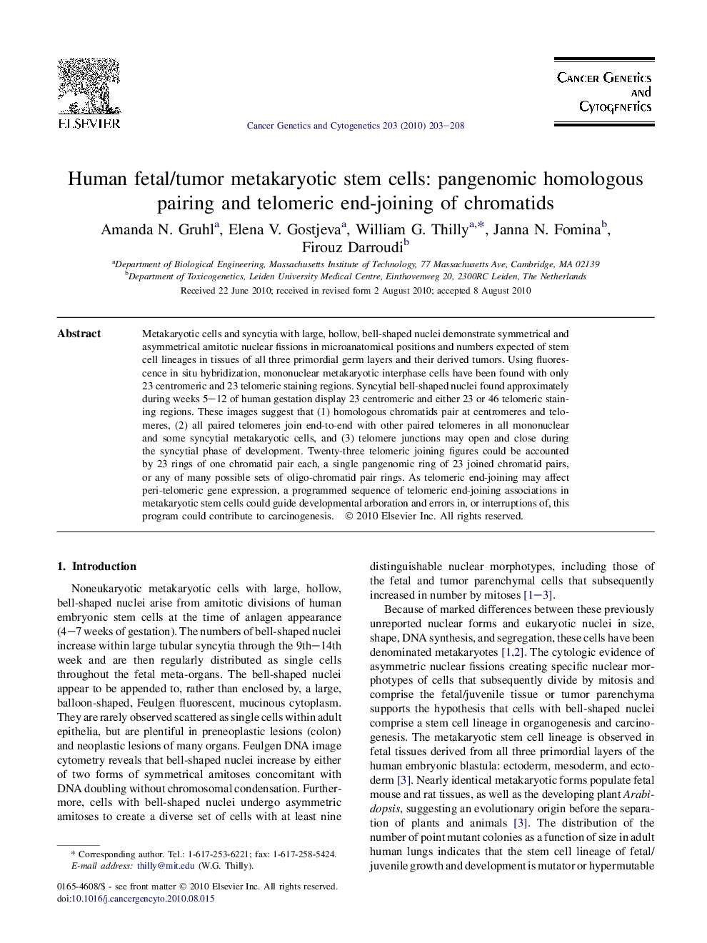 Human fetal/tumor metakaryotic stem cells: pangenomic homologous pairing and telomeric end-joining of chromatids