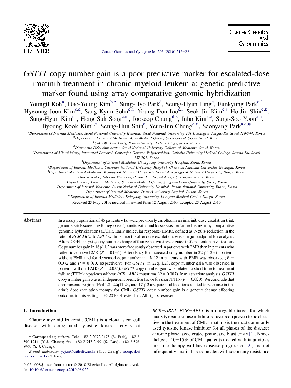 GSTT1 copy number gain is a poor predictive marker for escalated-dose imatinib treatment in chronic myeloid leukemia: genetic predictive marker found using array comparative genomic hybridization