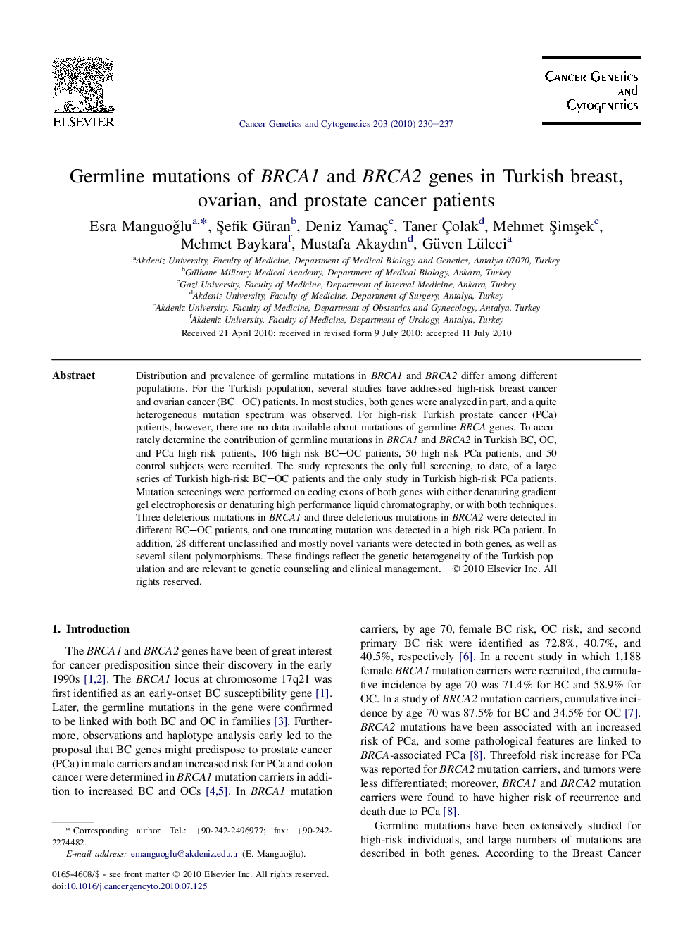 Germline mutations of BRCA1 and BRCA2 genes in Turkish breast, ovarian, and prostate cancer patients