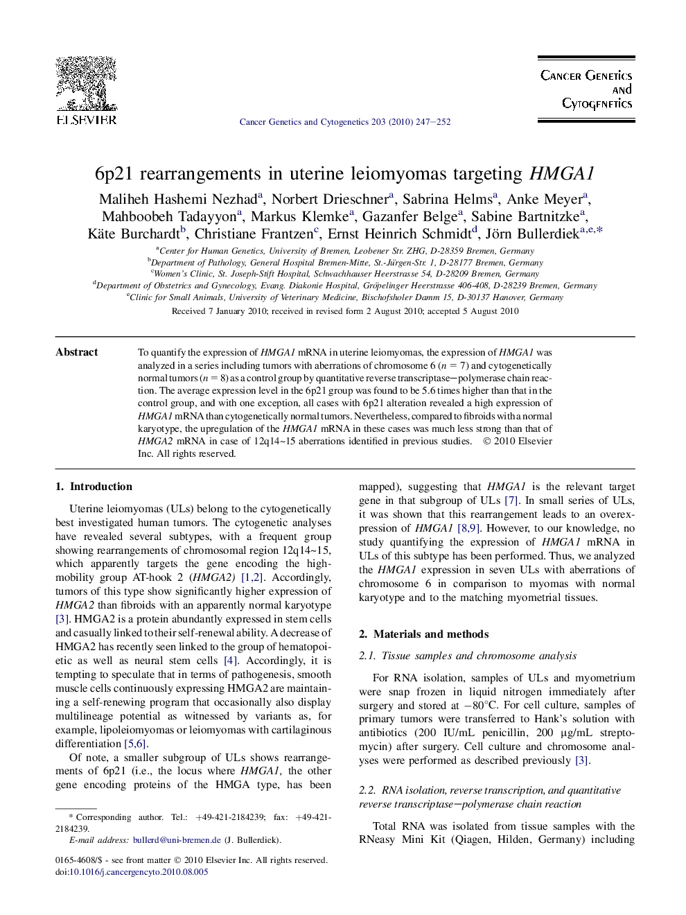 6p21 rearrangements in uterine leiomyomas targeting HMGA1