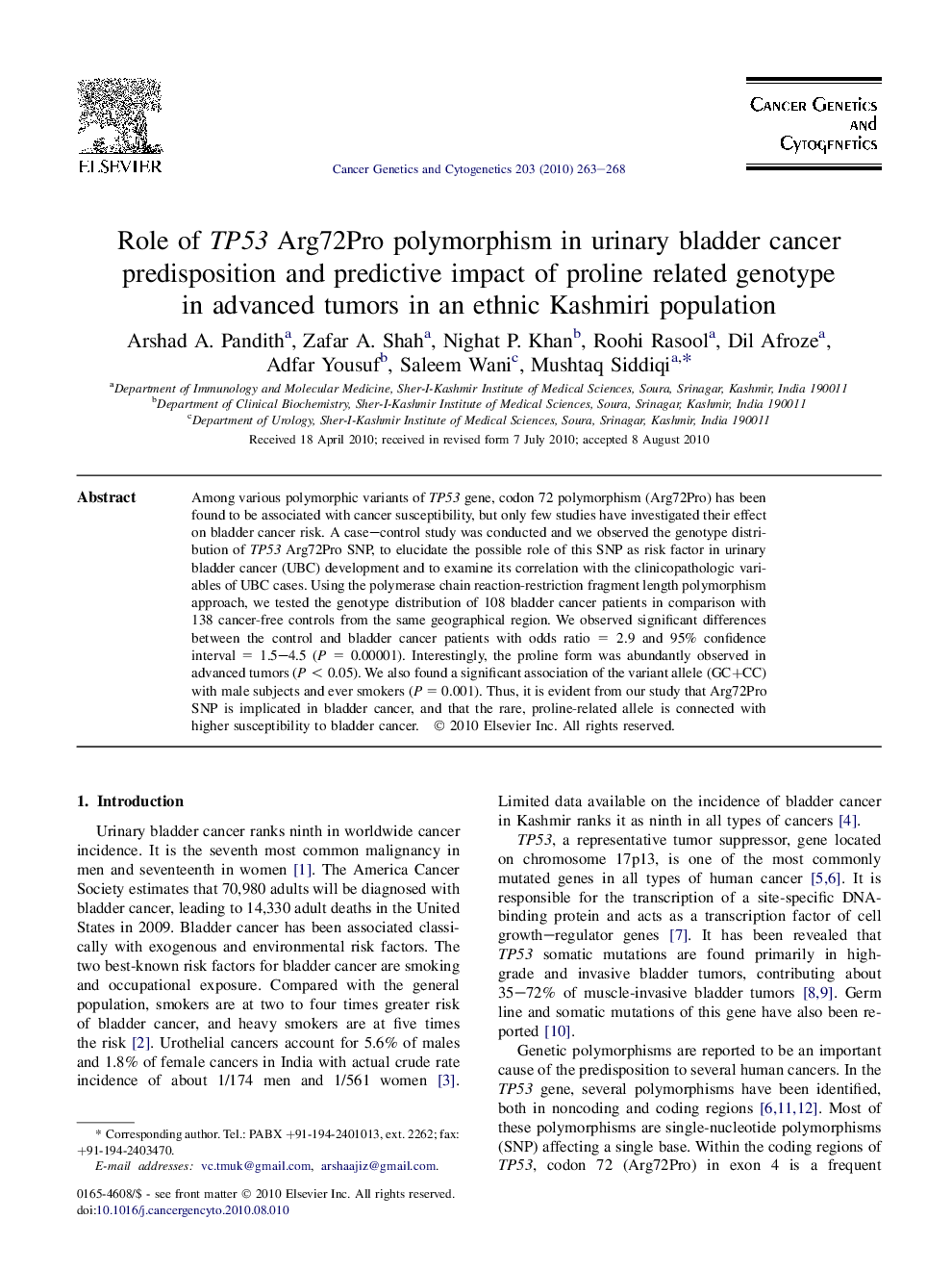 Role of TP53 Arg72Pro polymorphism in urinary bladder cancer predisposition and predictive impact of proline related genotype in advanced tumors in an ethnic Kashmiri population