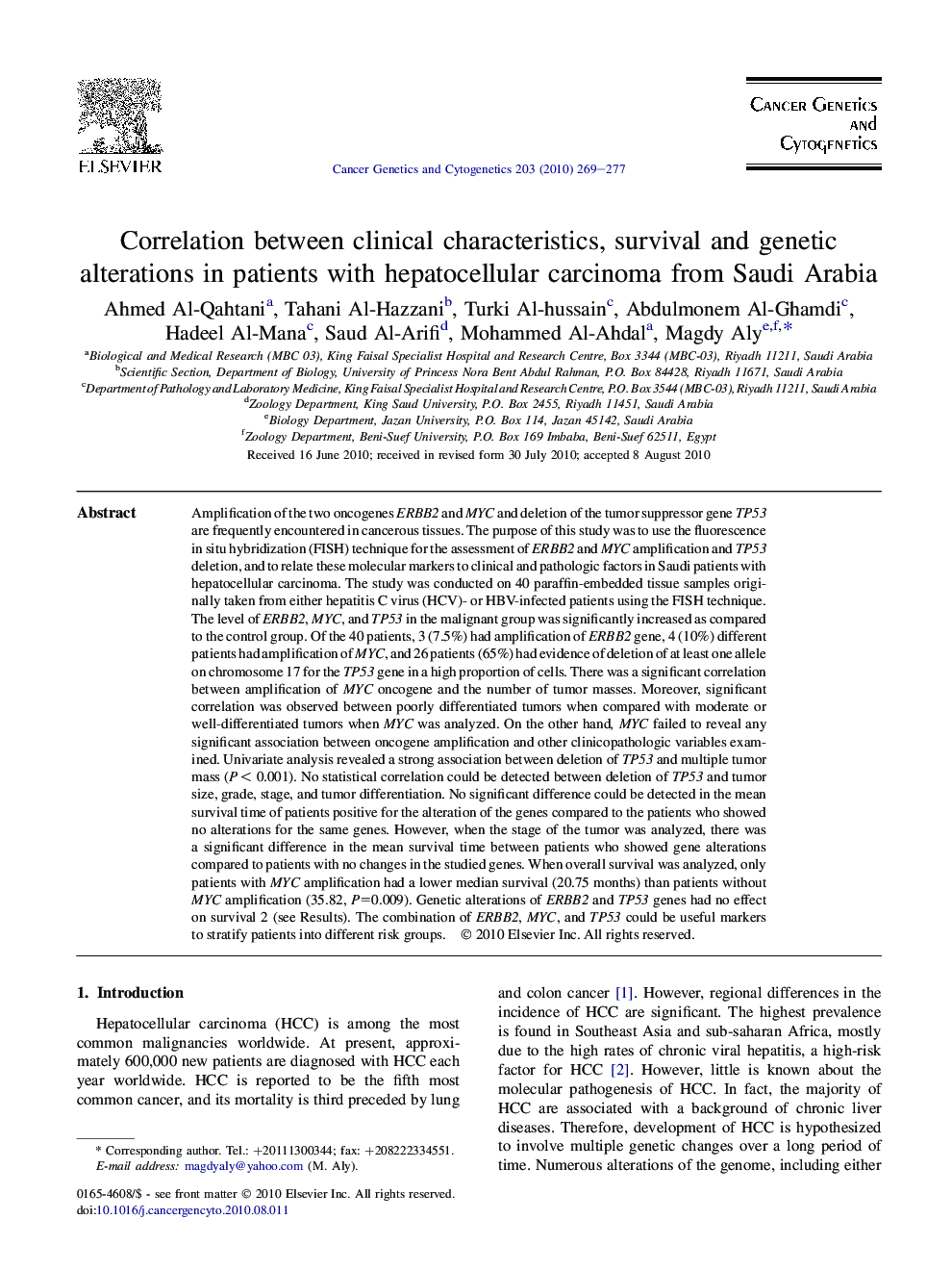 Correlation between clinical characteristics, survival and genetic alterations in patients with hepatocellular carcinoma from Saudi Arabia