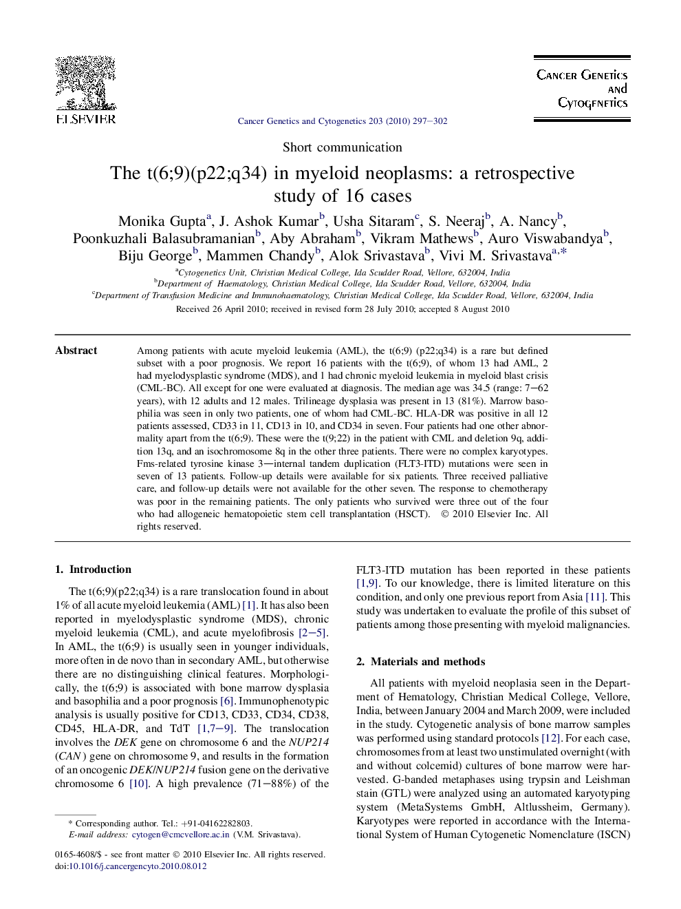 The t(6;9)(p22;q34) in myeloid neoplasms: a retrospective study of 16 cases