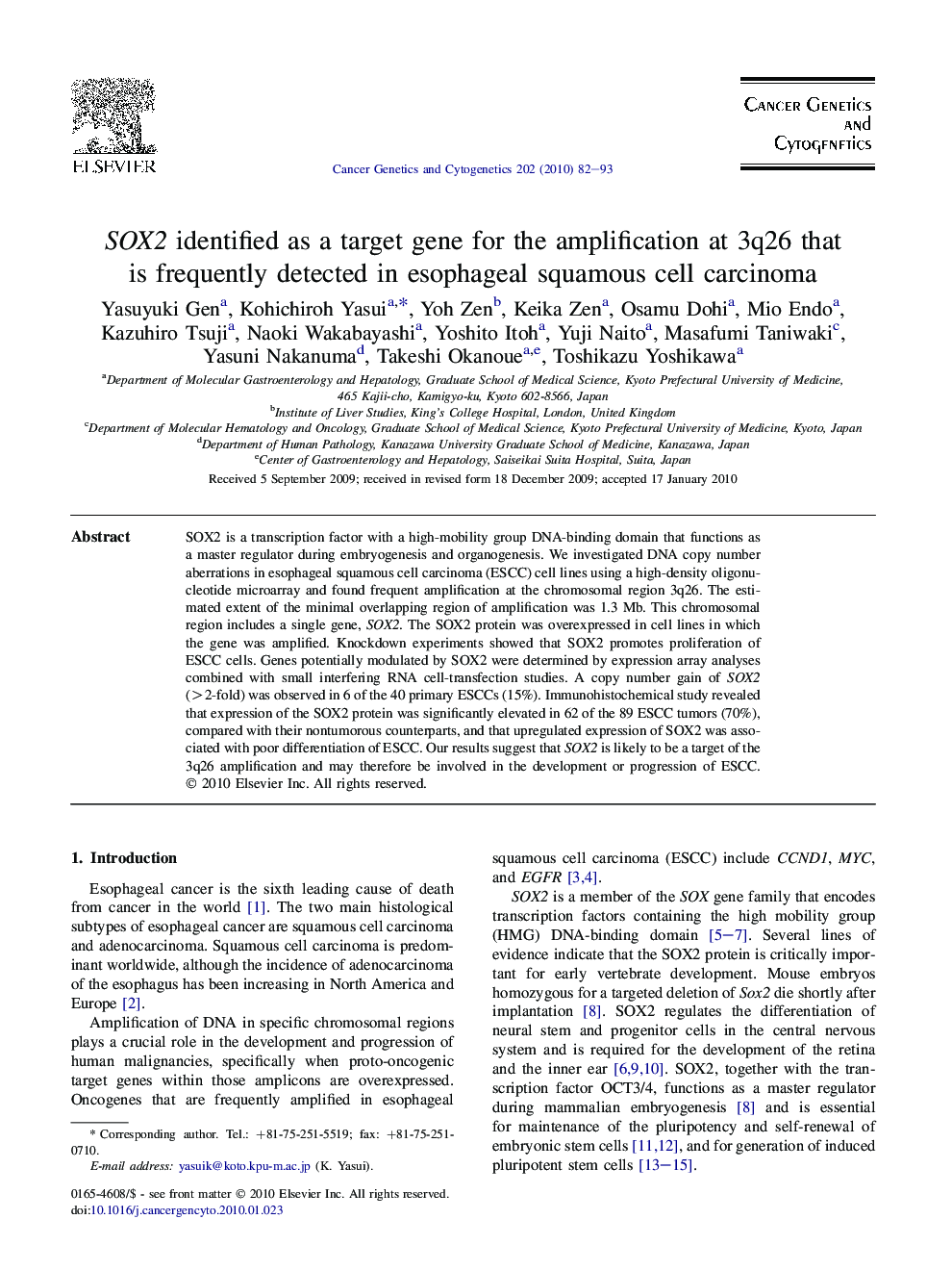 SOX2 identified as a target gene for the amplification at 3q26 that is frequently detected in esophageal squamous cell carcinoma
