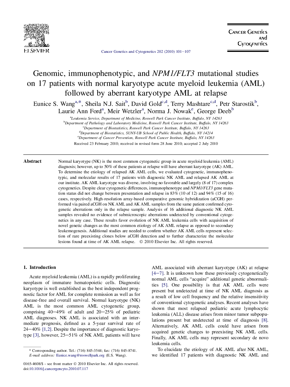 Genomic, immunophenotypic, and NPM1/FLT3 mutational studies on 17 patients with normal karyotype acute myeloid leukemia (AML) followed by aberrant karyotype AML at relapse