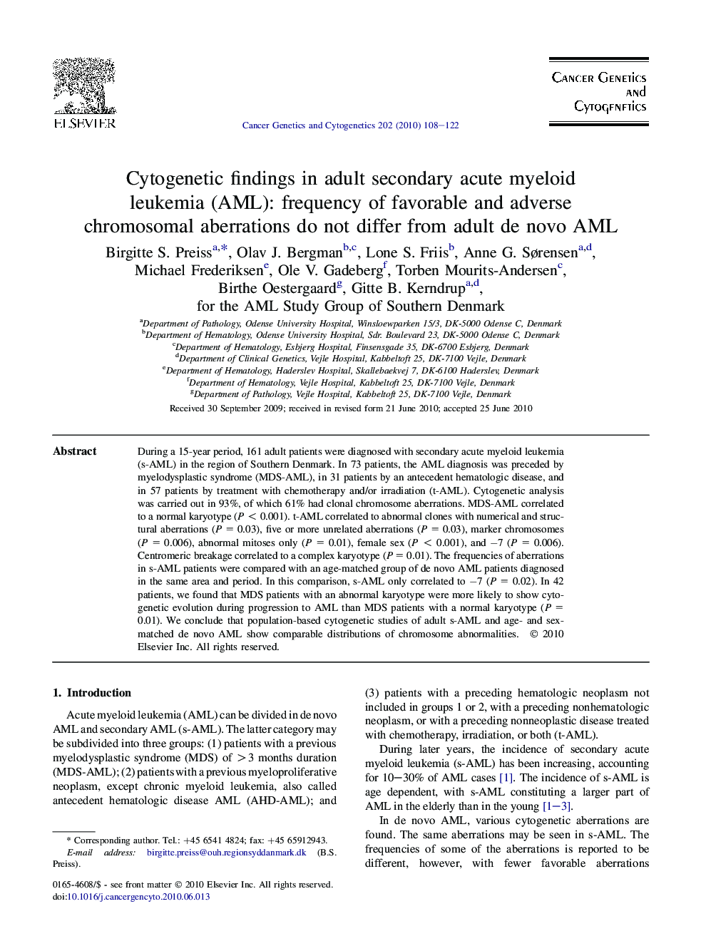 Cytogenetic findings in adult secondary acute myeloid leukemia (AML): frequency of favorable and adverse chromosomal aberrations do not differ from adult de novo AML