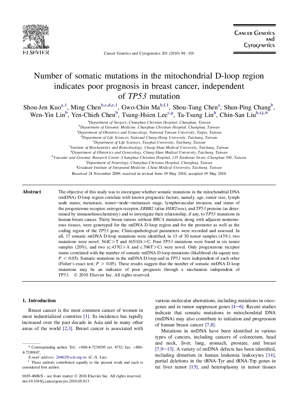 Number of somatic mutations in the mitochondrial D-loop region indicates poor prognosis in breast cancer, independent of TP53 mutation