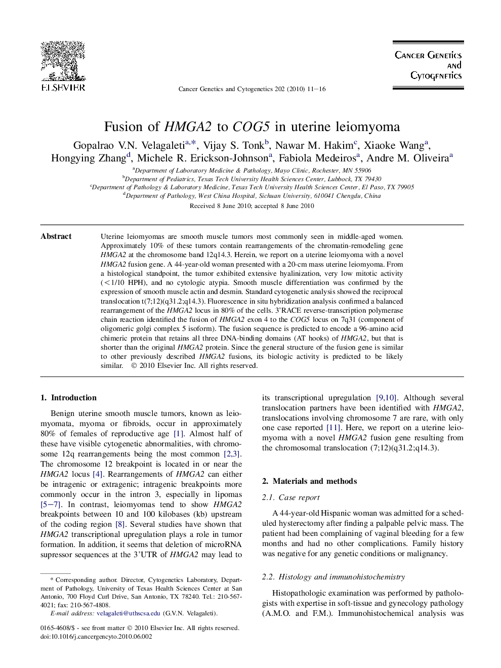 Fusion of HMGA2 to COG5 in uterine leiomyoma