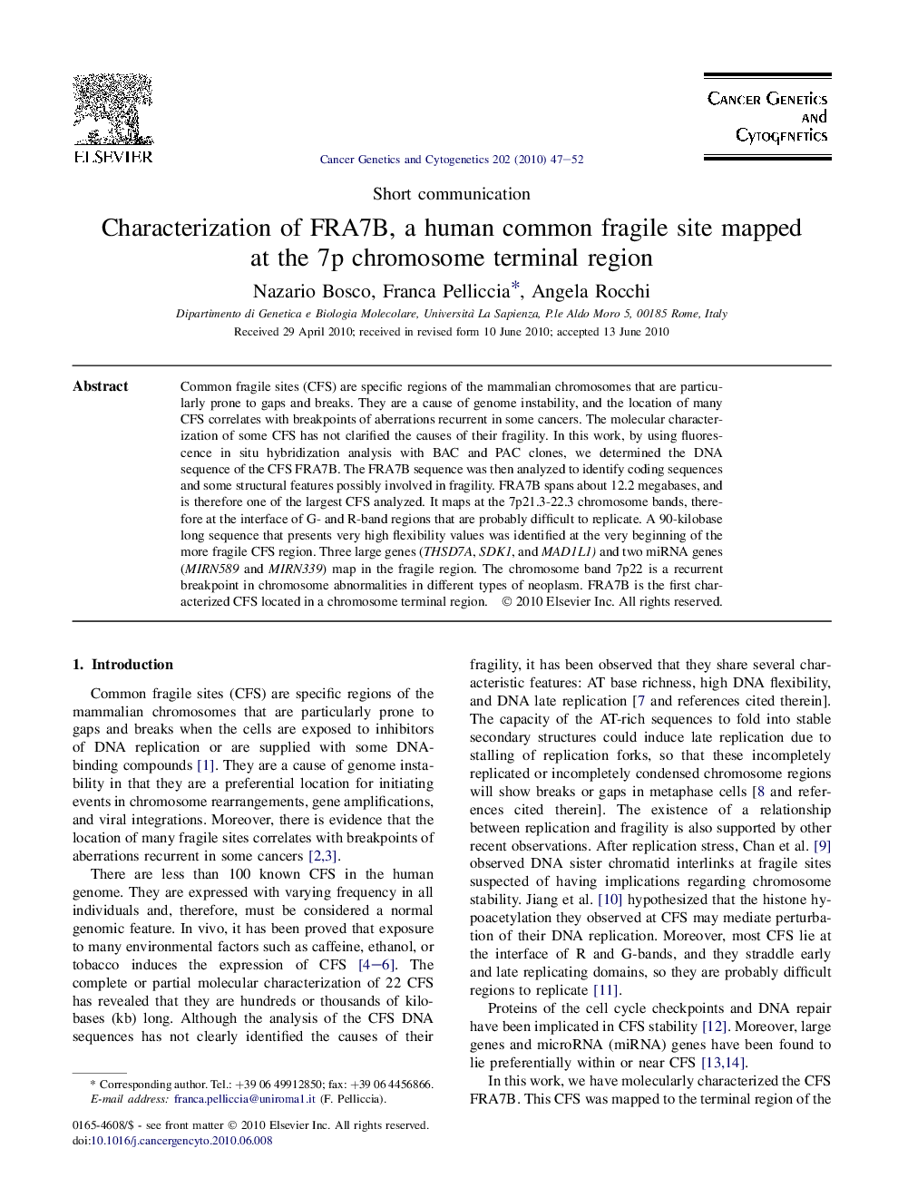 Characterization of FRA7B, a human common fragile site mapped at the 7p chromosome terminal region