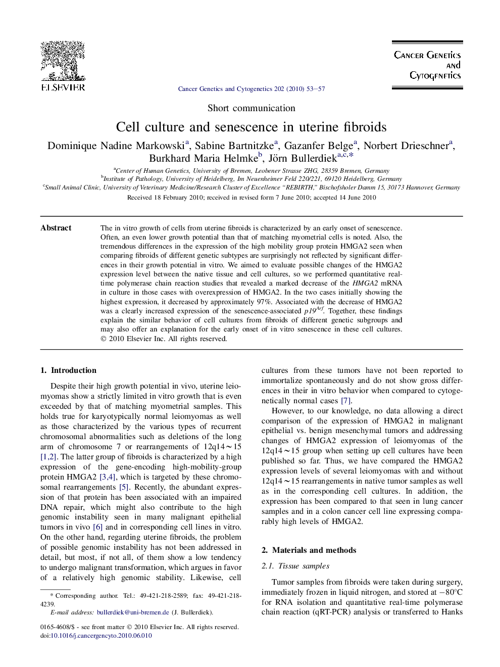 Cell culture and senescence in uterine fibroids