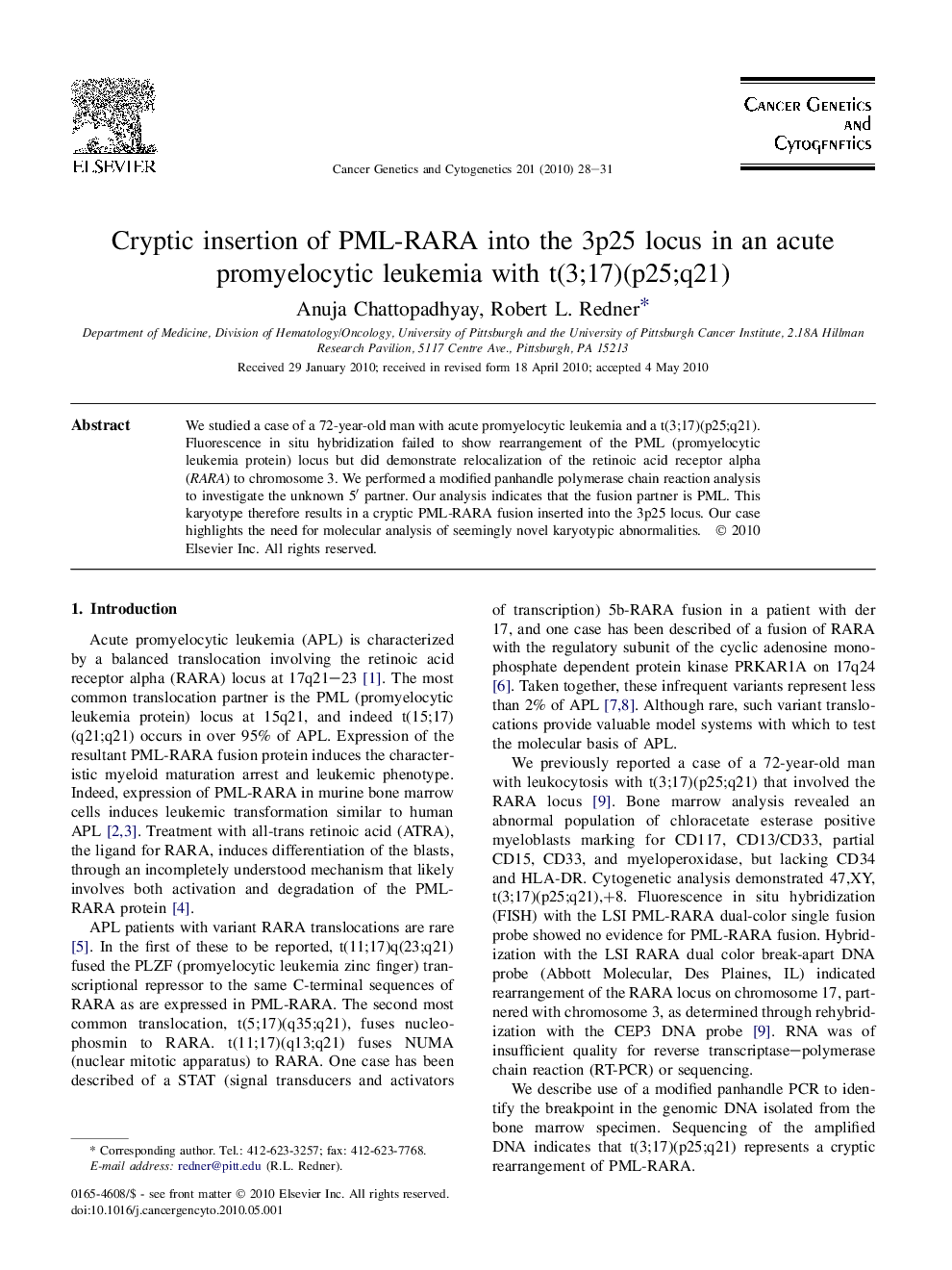 Cryptic insertion of PML-RARA into the 3p25 locus in an acute promyelocytic leukemia with t(3;17)(p25;q21)