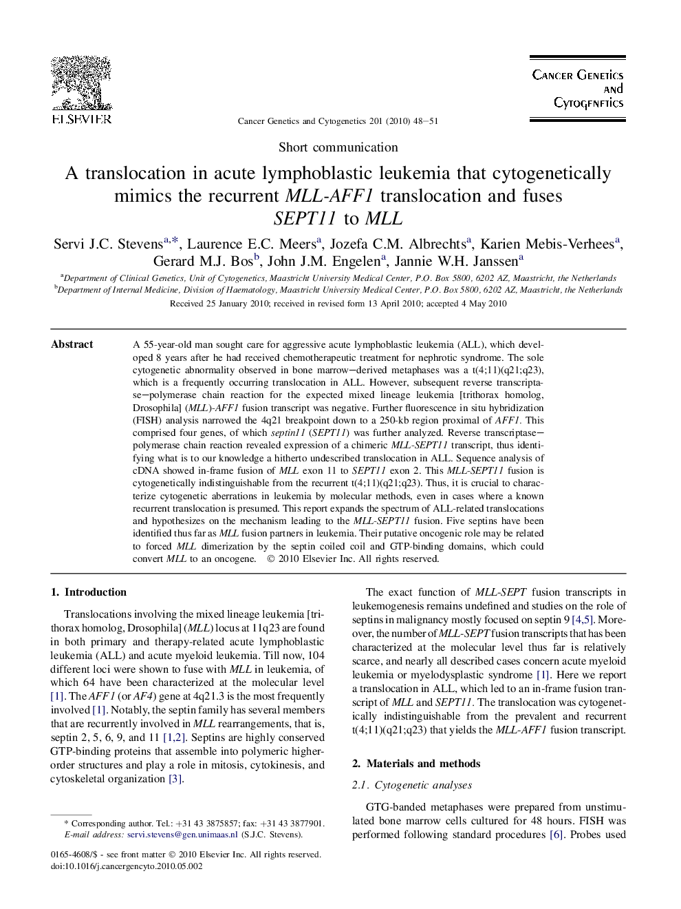 A translocation in acute lymphoblastic leukemia that cytogenetically mimics the recurrent MLL-AFF1 translocation and fuses SEPT11 to MLL