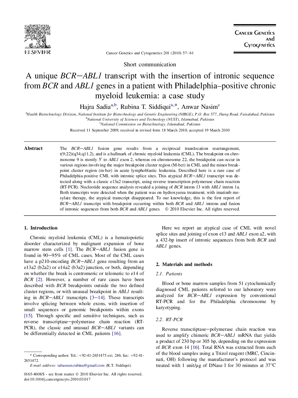 A unique BCR–ABL1 transcript with the insertion of intronic sequence from BCR and ABL1 genes in a patient with Philadelphia-positive chronic myeloid leukemia: a case study