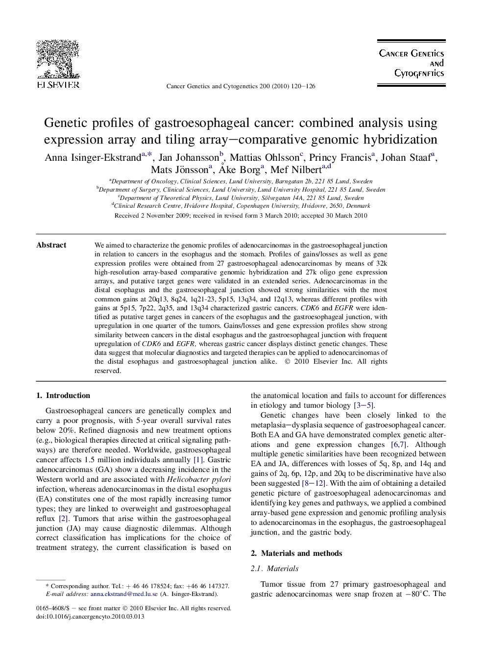 عکس صفحه اول مقاله: Genetic profiles of gastroesophageal cancer: combined analysis using expression array and tiling array–comparative genomic hybridization Genetic profiles of gastroesophageal cancer: combined analysis using expression array and tiling array–comparative genomic hybridization