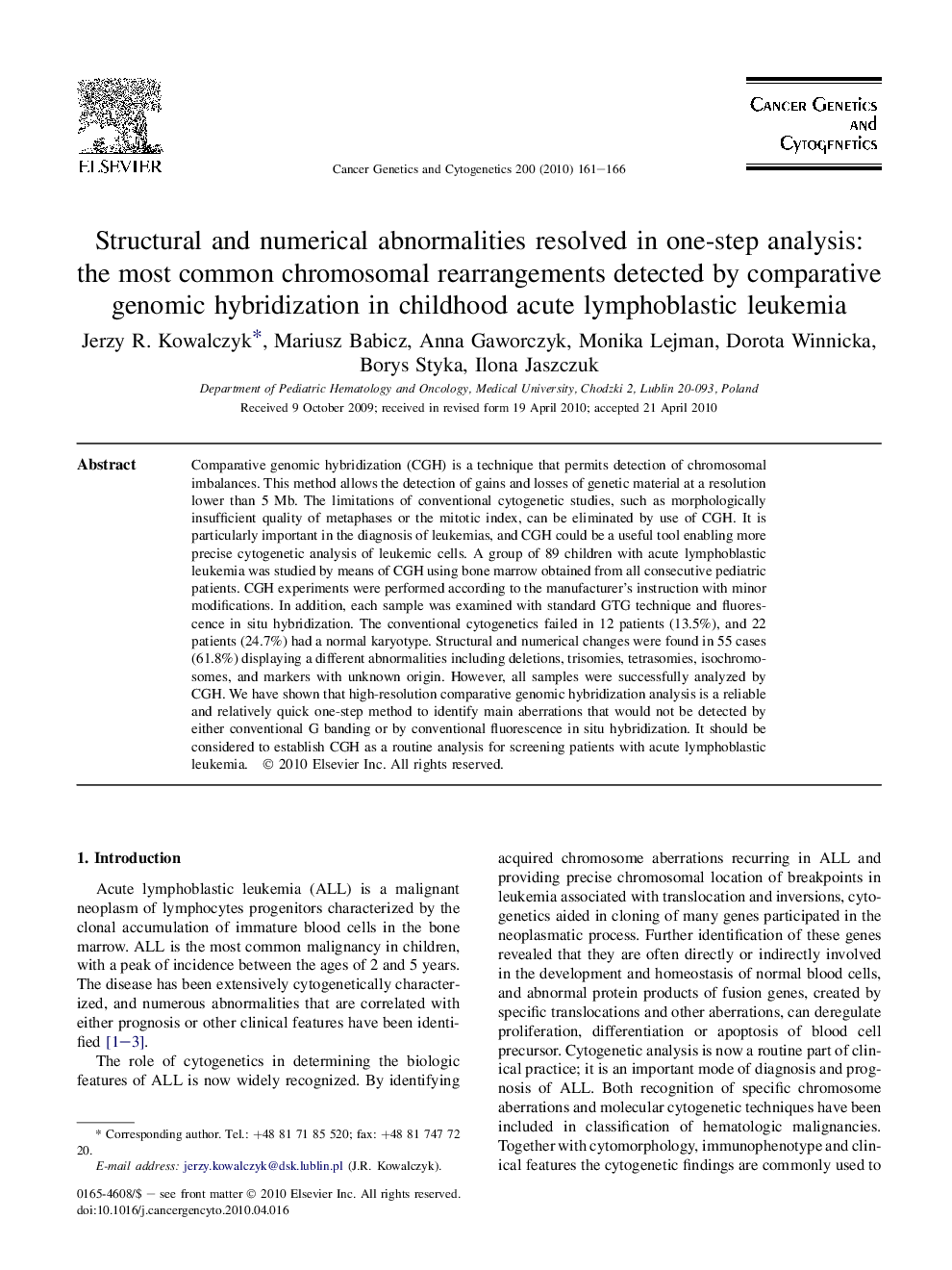 عکس صفحه اول مقاله: Structural and numerical abnormalities resolved in one-step analysis: the most common chromosomal rearrangements detected by comparative genomic hybridization in childhood acute lymphoblastic leukemia Structural and numerical abnormalities resolved in one-step analysis: the most common chromosomal rearrangements detected by comparative genomic hybridization in childhood acute lymphoblastic leukemia