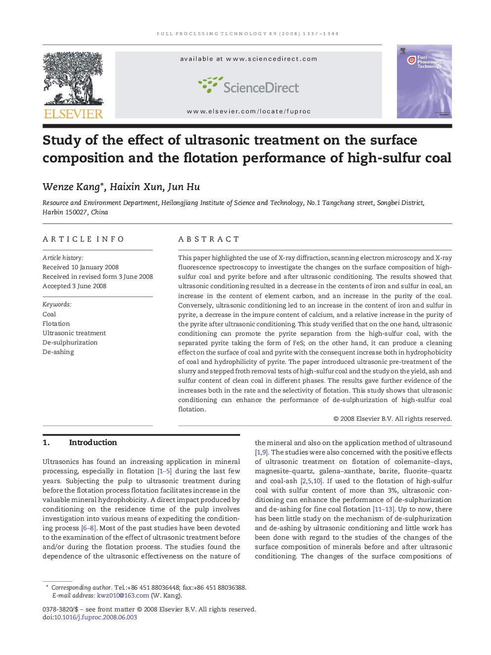 Study of the effect of ultrasonic treatment on the surface composition and the flotation performance of high-sulfur coal