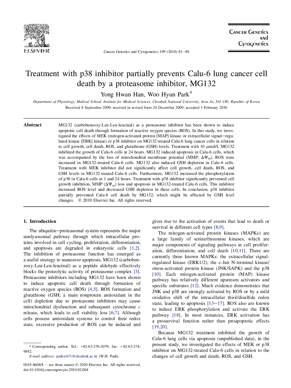 Treatment with p38 inhibitor partially prevents Calu-6 lung cancer cell death by a proteasome inhibitor, MG132