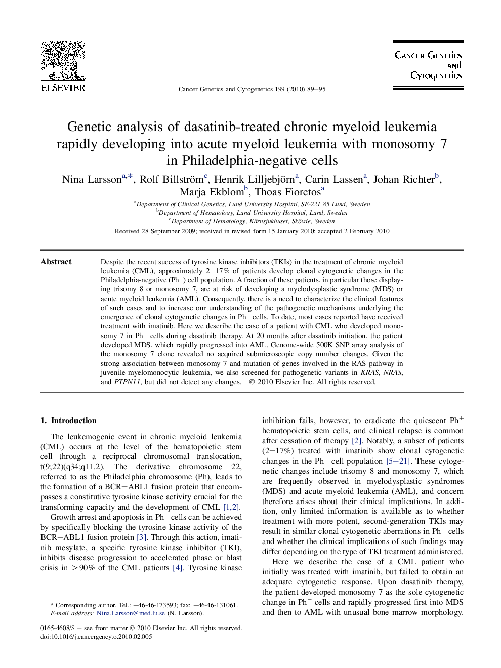 Genetic analysis of dasatinib-treated chronic myeloid leukemia rapidly developing into acute myeloid leukemia with monosomy 7 in Philadelphia-negative cells