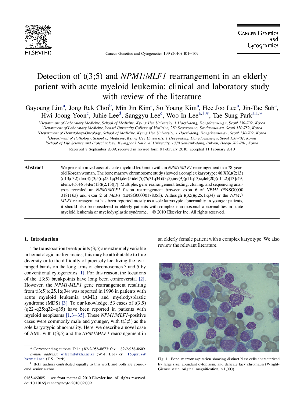 Detection of t(3;5) and NPM1/MLF1 rearrangement in an elderly patient with acute myeloid leukemia: clinical and laboratory study with review of the literature