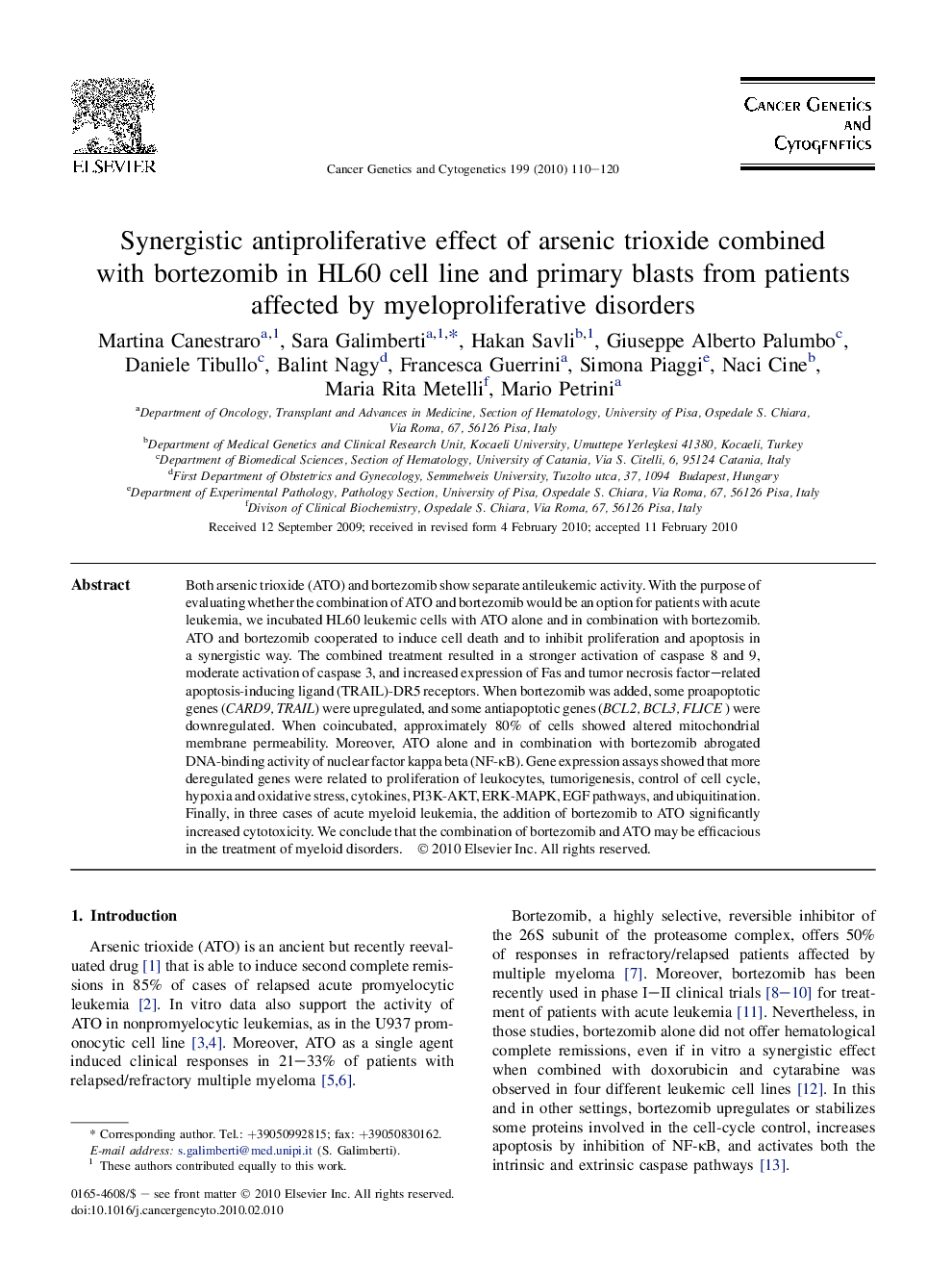 Synergistic antiproliferative effect of arsenic trioxide combined with bortezomib in HL60 cell line and primary blasts from patients affected by myeloproliferative disorders