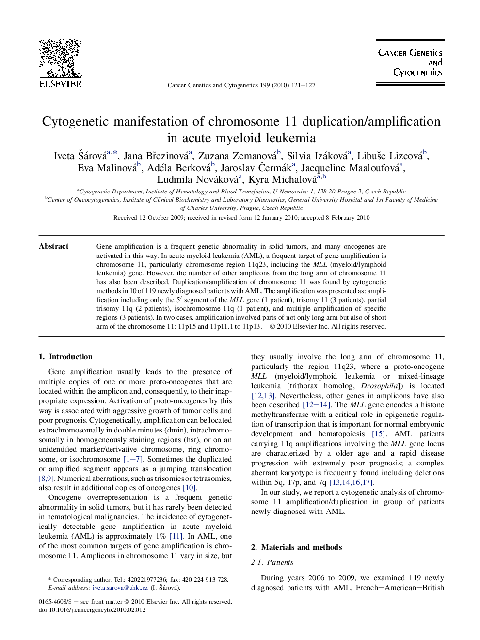 Cytogenetic manifestation of chromosome 11 duplication/amplification in acute myeloid leukemia