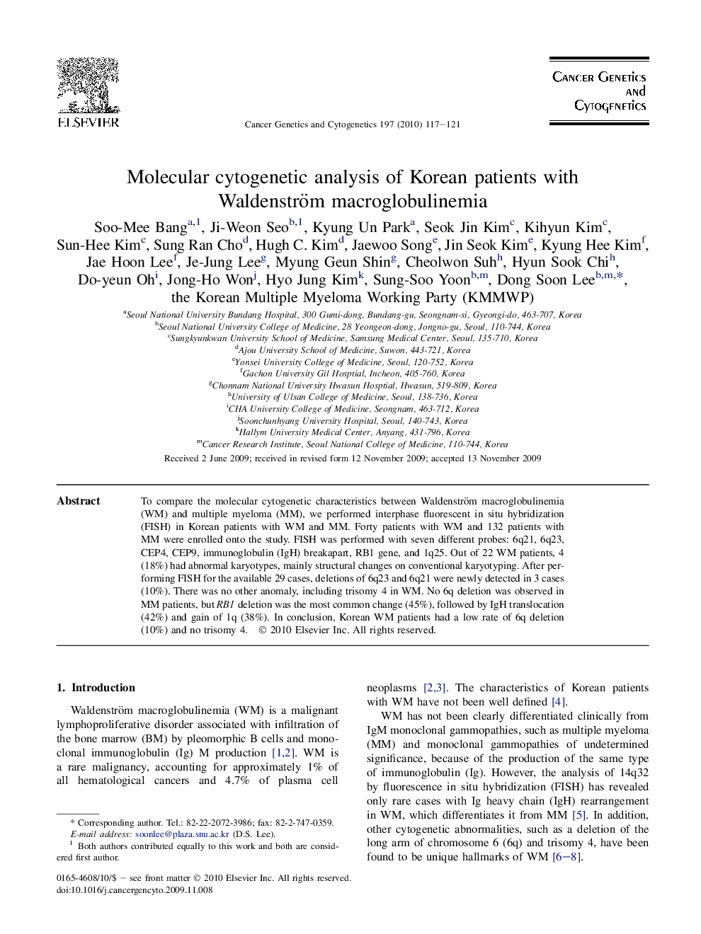 Molecular cytogenetic analysis of Korean patients with Waldenström macroglobulinemia