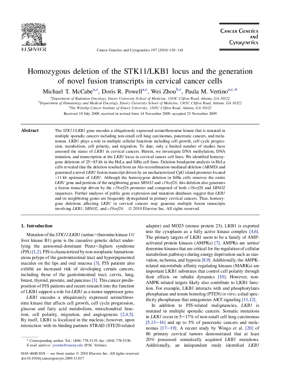 Homozygous deletion of the STK11/LKB1 locus and the generation of novel fusion transcripts in cervical cancer cells
