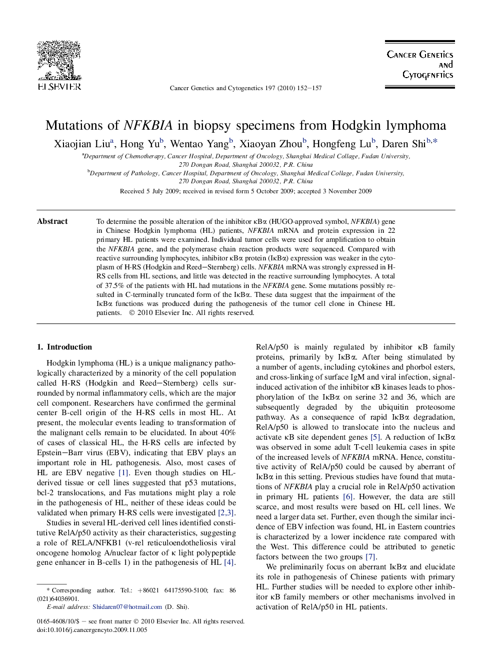 Mutations of NFKBIA in biopsy specimens from Hodgkin lymphoma