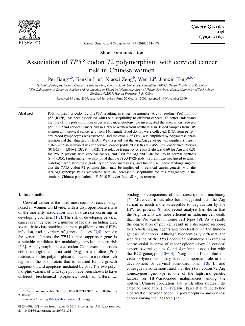 Association of TP53 codon 72 polymorphism with cervical cancer risk in Chinese women