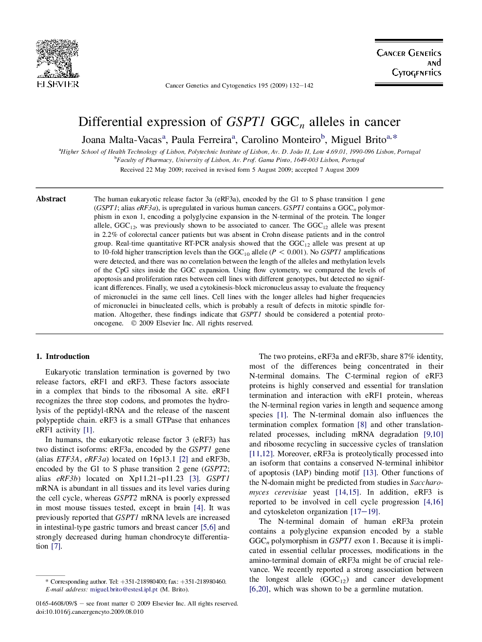 Differential expression of GSPT1 GGCn alleles in cancer