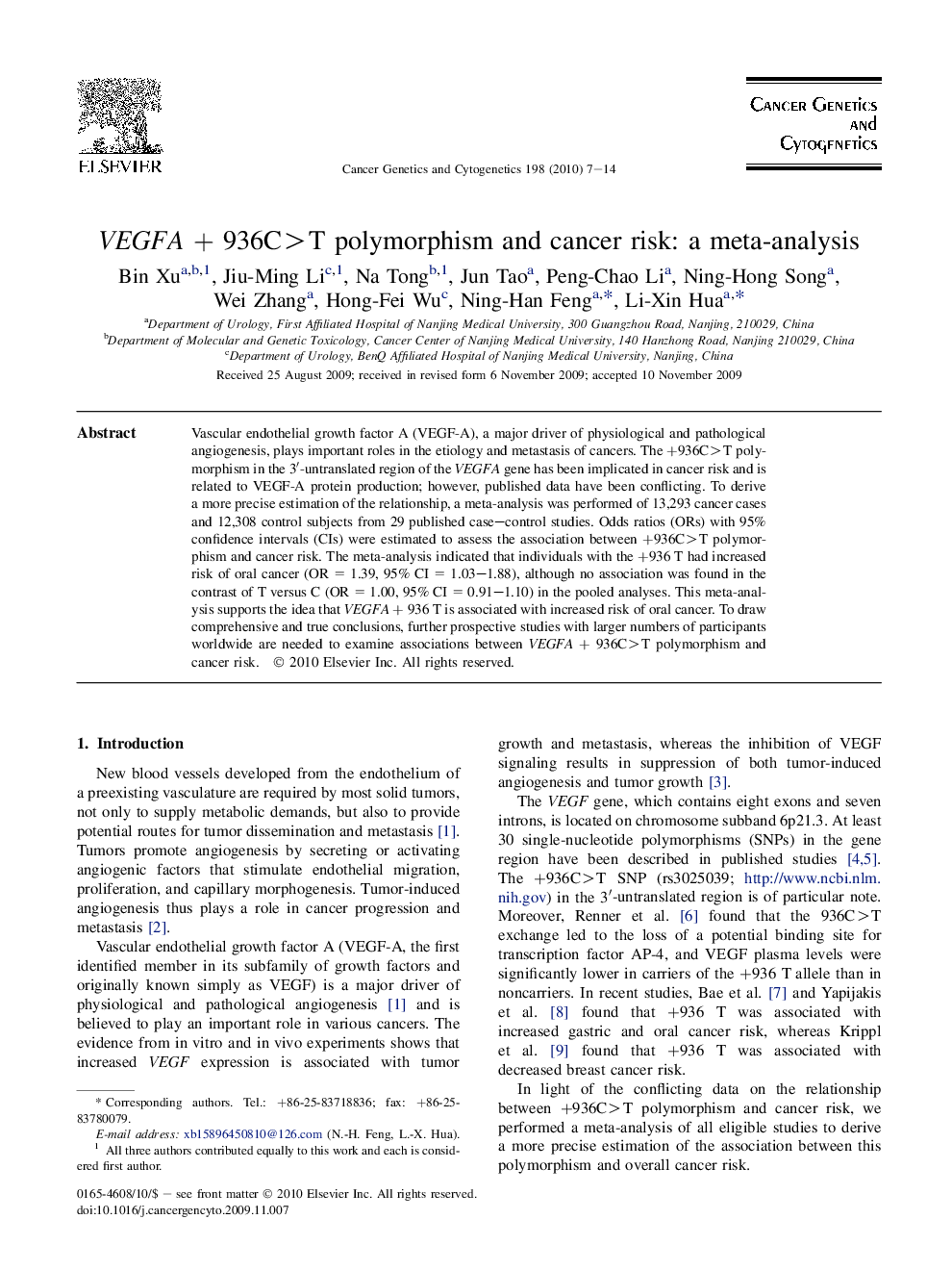 VEGFA + 936C>T polymorphism and cancer risk: a meta-analysis