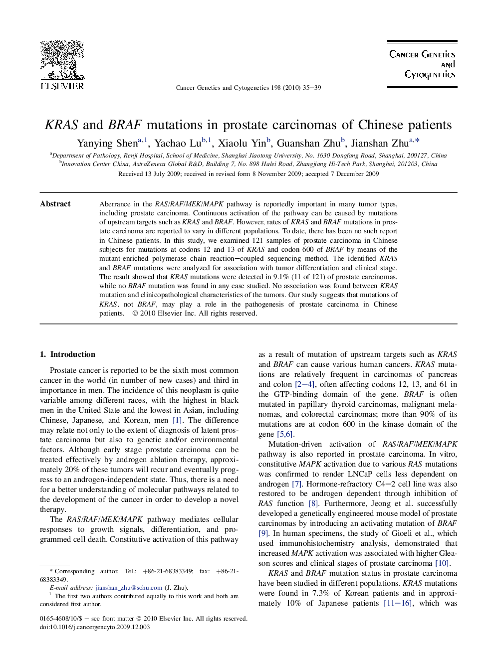 KRAS and BRAF mutations in prostate carcinomas of Chinese patients
