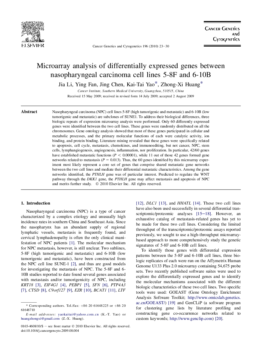 Microarray analysis of differentially expressed genes between nasopharyngeal carcinoma cell lines 5-8F and 6-10B