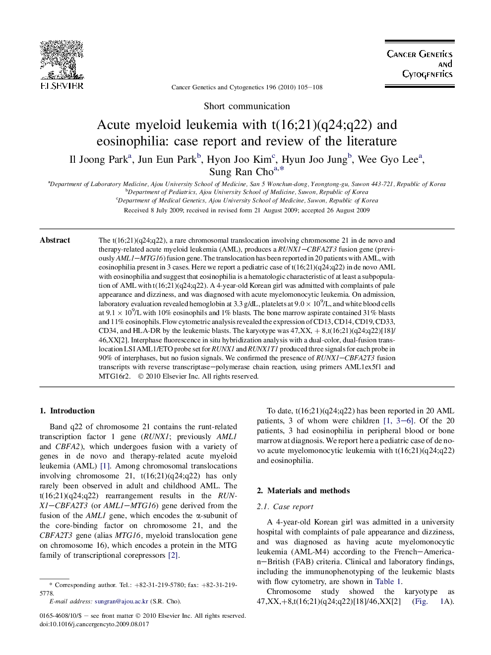 Acute myeloid leukemia with t(16;21)(q24;q22) and eosinophilia: case report and review of the literature