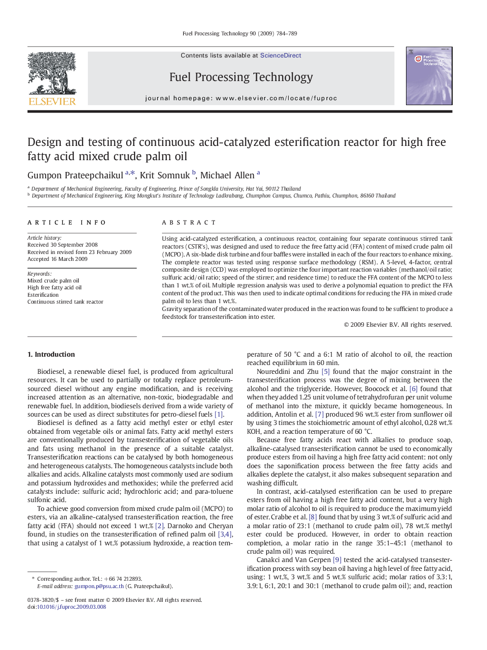 Design and testing of continuous acid-catalyzed esterification reactor for high free fatty acid mixed crude palm oil