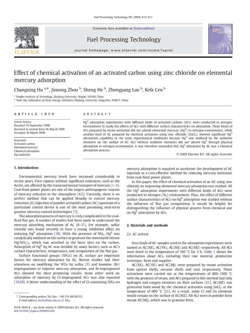 Effect of chemical activation of an activated carbon using zinc chloride on elemental mercury adsorption