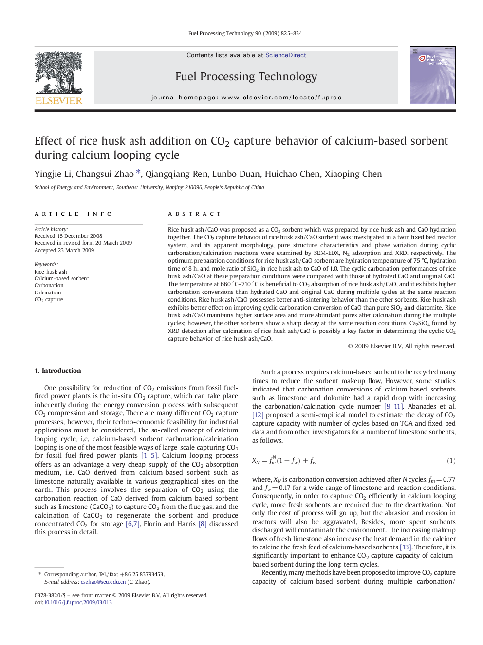 Effect of rice husk ash addition on CO2 capture behavior of calcium-based sorbent during calcium looping cycle